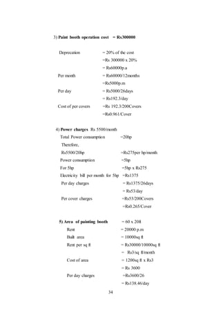 34
3) Paint booth operation cost = Rs300000
Deprecation = 20% of the cost
=Rs 300000 x 20%
= Rs60000p.a
Per month = Rs60000/12months
=Rs5000p.m
Per day = Rs5000/26days
= Rs192.3/day
Cost of per covers =Rs 192.3/200Covers
=Rs0.961/Cover
4) Power charges Rs 5500/month
Total Power consumption =20hp
Therefore,
Rs5500/20hp =Rs275per hp/month
Power consumption =5hp
For 5hp =5hp x Rs275
Electricity bill per month for 5hp =Rs1375
Per day charges = Rs1375/26days
= Rs53/day
Per cover charges =Rs53/200Covers
=Rs0.265/Cover
5) Area of painting booth = 60 x 20ft
Rent = 20000 p.m
Built area = 10000sq ft
Rent per sq ft = Rs30000/10000sq ft
= Rs3/sq ft/month
Cost of area = 1200sq ft x Rs3
= Rs 3600
Per day charges =Rs3600/26
= Rs138.46/day
 