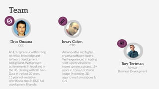 An Entrepreneur with strong
technical knowledge and
software development
background. With proven
achievements in Israel and in
the US. Dealing with 3D Geo-
Data in the last 20 years.
15 years of executive
operational rolls in R&D full
development lifecycle.
An innovative and highly
creative software expert.
Well-experienced in leading
start-ups development
teams towards success. 15+
years in Computer Vision,
Image Processing, 3D
algorithms & simulations &
GIS
CEO
Advisor
Business Development
CTO
 