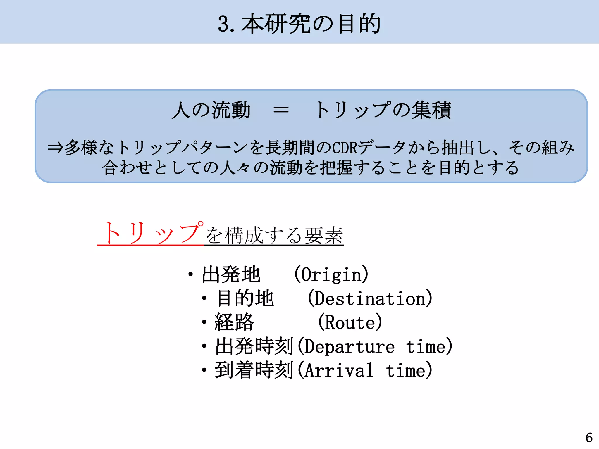 3.本研究の目的

人の流動

＝

トリップの集積

⇒多様なトリップパターンを長期間のCDRデータから抽出し、その組み
合わせとしての人々の流動を把握することを目的とする

トリップを構成する要素
・出発地
(Origin)
・目的地
(Destination)
・経路
(Route)
・出発時刻(Departure time)
・到着時刻(Arrival time)

6

 