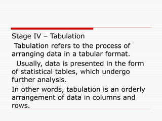 Stage IV – Tabulation
Tabulation refers to the process of
arranging data in a tabular format.
Usually, data is presented in the form
of statistical tables, which undergo
further analysis.
In other words, tabulation is an orderly
arrangement of data in columns and
rows.
 