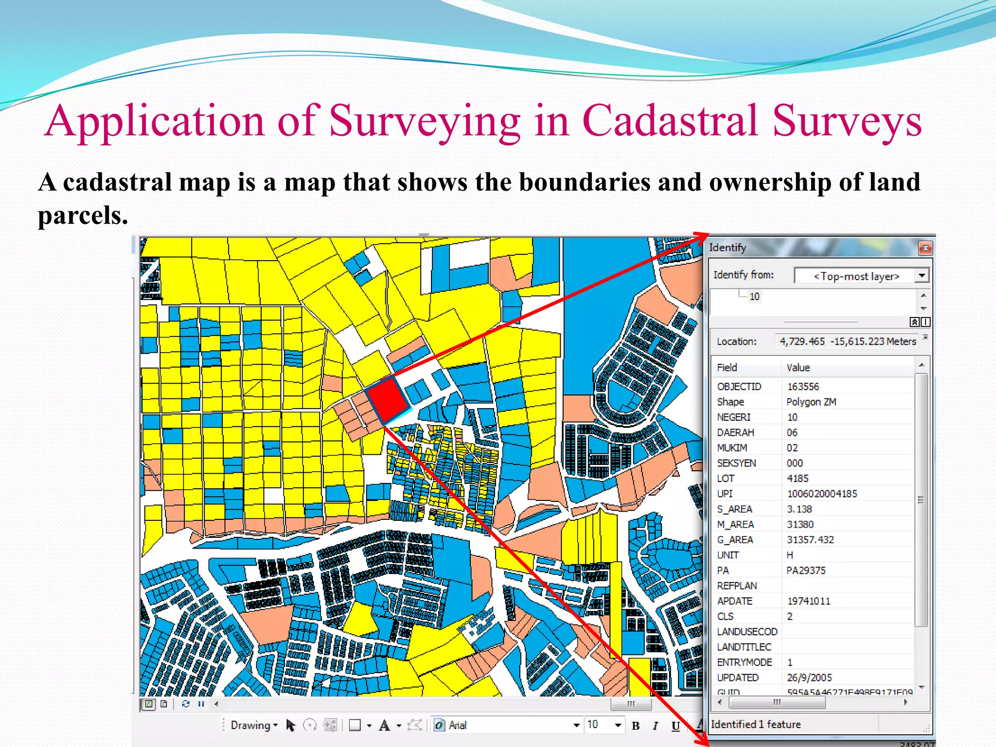 Application of Surveying in Cadastral Surveys
A cadastral map is a map that shows the boundaries and ownership of land
parcels.

 