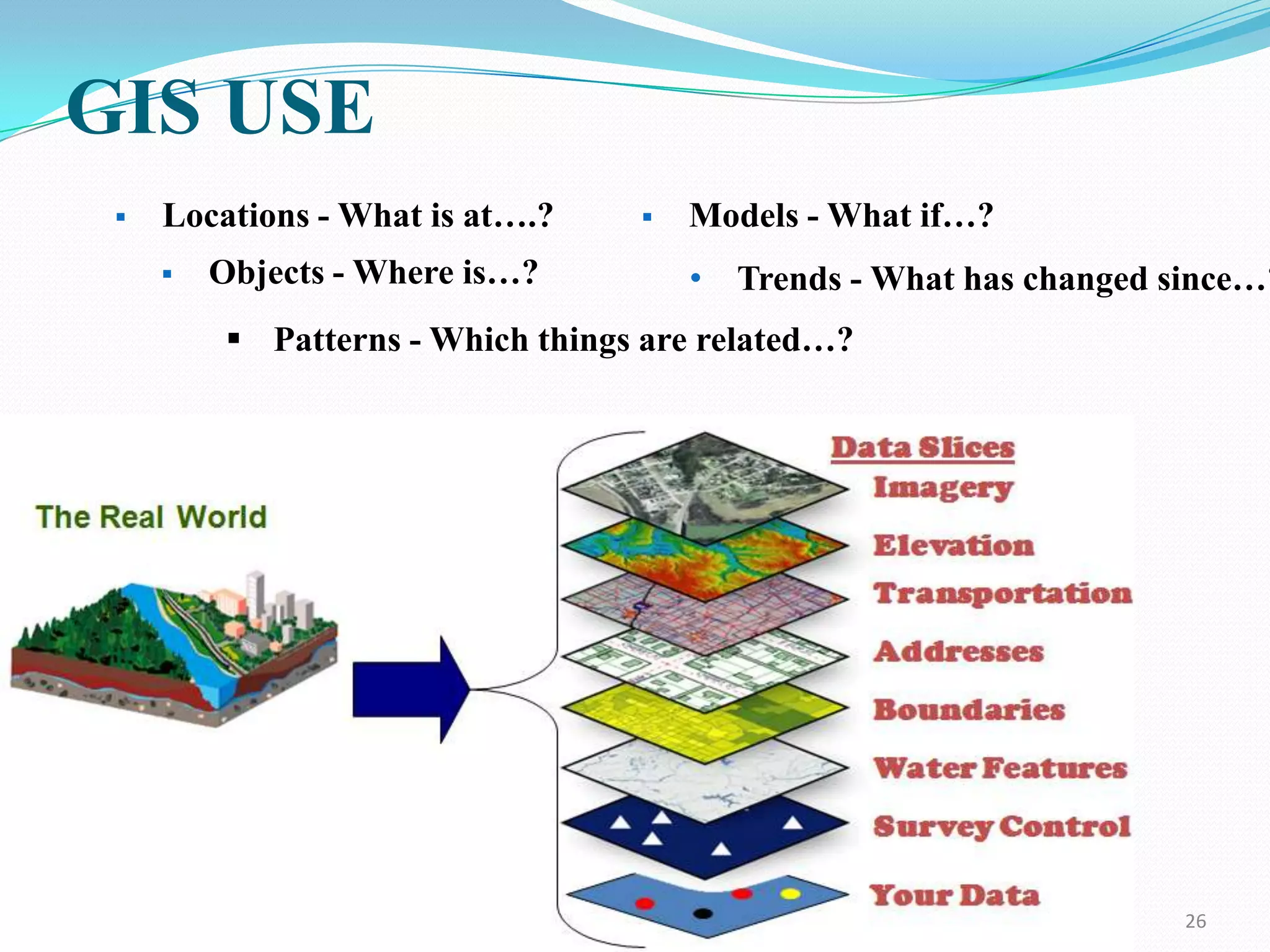 GIS USE


Locations - What is at….?


Objects - Where is…?



Models - What if…?

• Trends - What has changed since…?

 Patterns - Which things are related…?

26

 