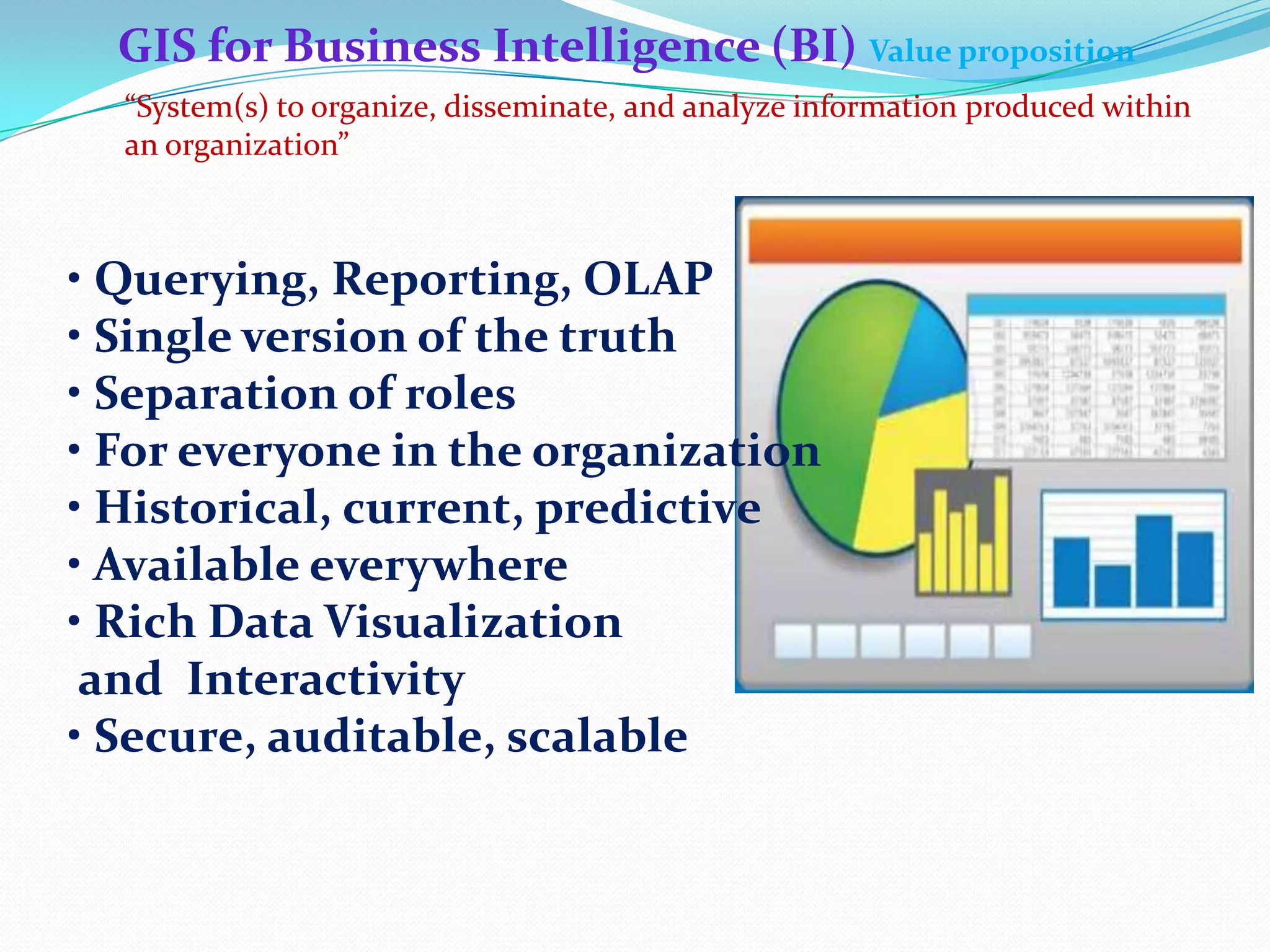 GIS for Business Intelligence (BI) Value proposition
“System(s) to organize, disseminate, and analyze information produced within
an organization”

• Querying, Reporting, OLAP
• Single version of the truth
• Separation of roles
• For everyone in the organization
• Historical, current, predictive
• Available everywhere
• Rich Data Visualization
and Interactivity
• Secure, auditable, scalable

 