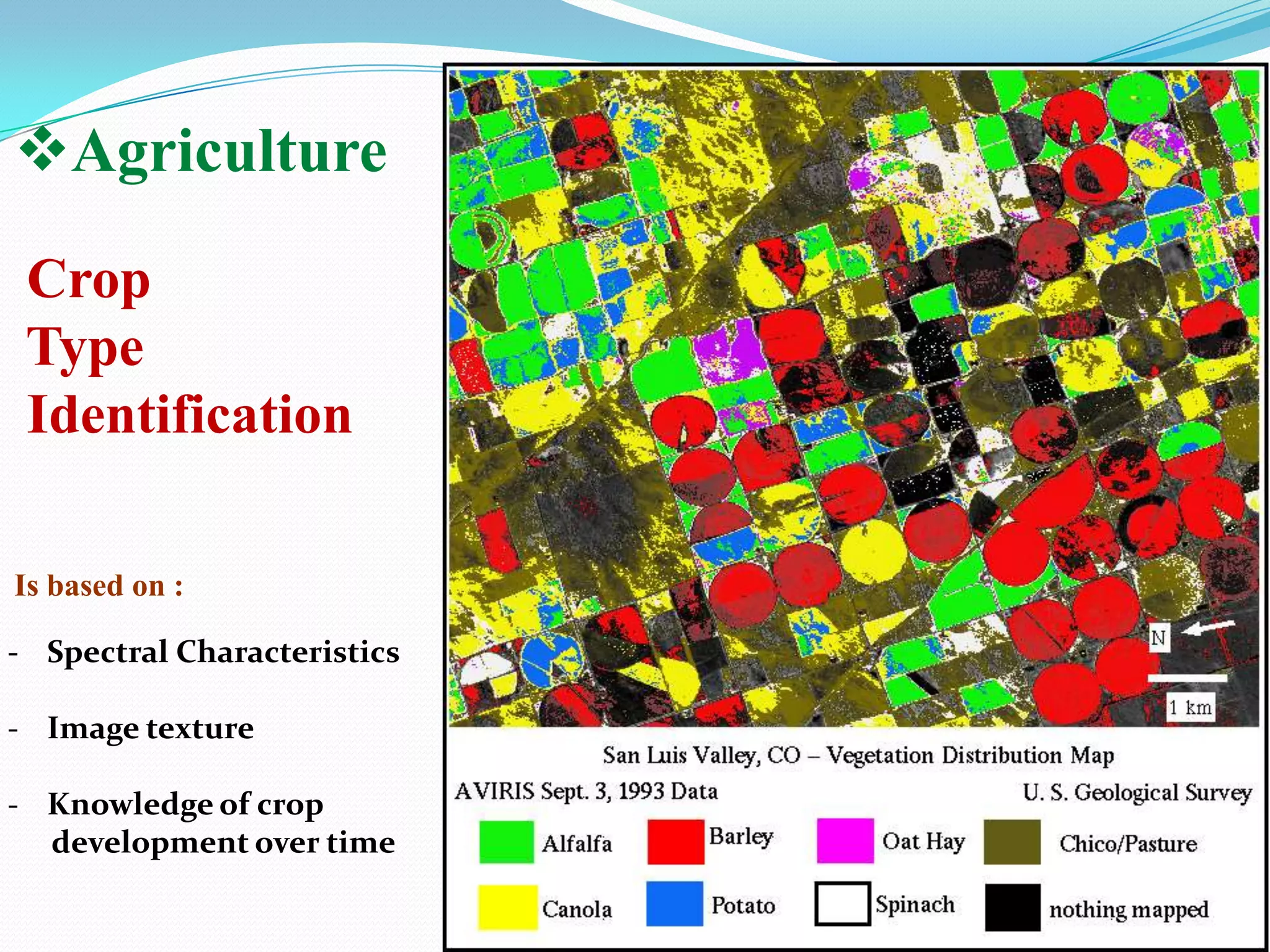 Agriculture
Crop
Type
Identification
Is based on :
- Spectral Characteristics
- Image texture
- Knowledge of crop
development over time

 