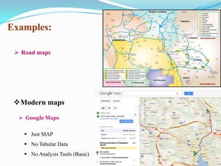 Examples:
 Road maps

Modern maps
 Google Maps
 Just MAP
 No Tabular Data
 No Analysis Tools (Basic)

 