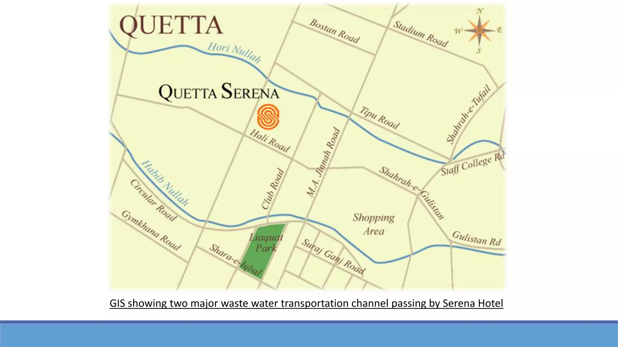 GIS showing two major waste water transportation channel passing by Serena Hotel
 