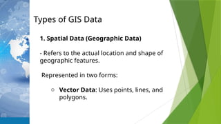 Types of GIS Data
1. Spatial Data (Geographic Data)
- Refers to the actual location and shape of
geographic features.
Represented in two forms:
o Vector Data: Uses points, lines, and
polygons.
 