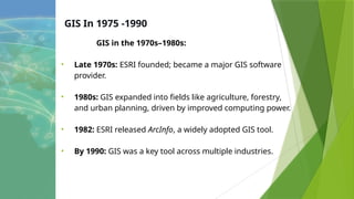 GIS In 1975 -1990
GIS in the 1970s–1980s:
• Late 1970s: ESRI founded; became a major GIS software
provider.
• 1980s: GIS expanded into fields like agriculture, forestry,
and urban planning, driven by improved computing power.
• 1982: ESRI released ArcInfo, a widely adopted GIS tool.
• By 1990: GIS was a key tool across multiple industries.
 