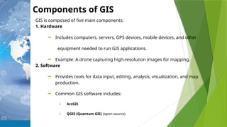 Components of GIS
GIS is composed of five main components:
1. Hardware
 Includes computers, servers, GPS devices, mobile devices, and other
equipment needed to run GIS applications.
 Example: A drone capturing high-resolution images for mapping.
2. Software
 Provides tools for data input, editing, analysis, visualization, and map
production.
 Common GIS software includes:
 ArcGIS
 QGIS (Quantum GIS) (open-source)
 