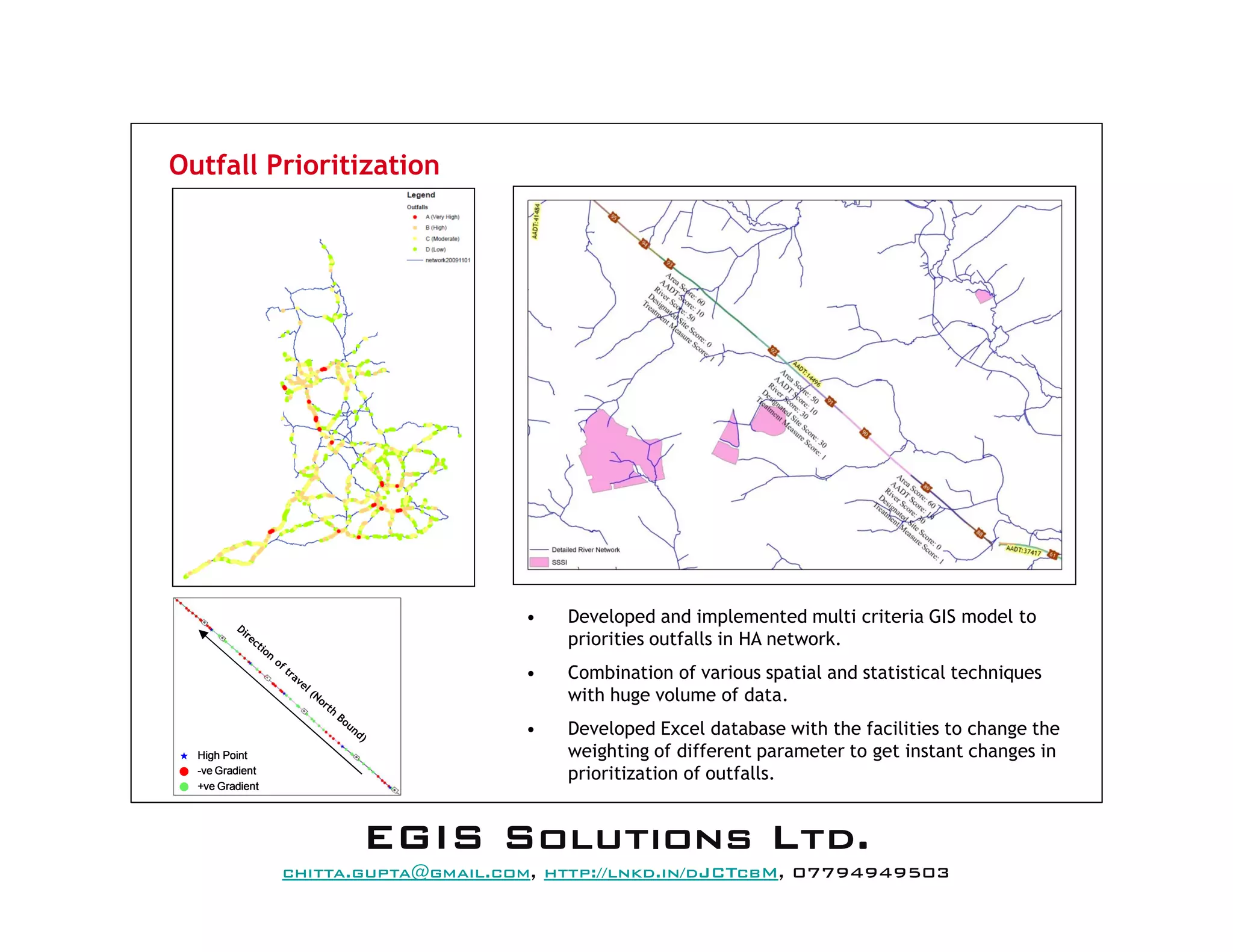 Outfall Prioritization
-ve Gradient
+ve Gradient
High Point
!
!
^
-ve Gradient
+ve Gradient
High Point
!
!
^
-ve Gradient
+ve Gradient
High Point
!
!
^
-ve Gradient
+ve Gradient
High Point
!
!
^
• Developed and implemented multi criteria GIS model to
priorities outfalls in HA network.
• Combination of various spatial and statistical techniques
with huge volume of data.
• Developed Excel database with the facilities to change the
weighting of different parameter to get instant changes in
prioritization of outfalls.
EEEEGGGGIIIISSSS SSSSoooolllluuuuttttiiiioooonnnnssss LLLLttttdddd....
mail@egissolutions.co.uk, http://www.egissolutions.co.uk/, 07794949503
Copyright © All Rights Reserved
 