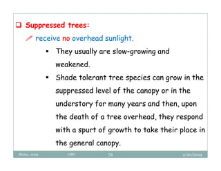 2/20/2024
Biratu, 2024 OBU 72
 Suppressed trees:
 receive no overhead sunlight.
 They usually are slow-growing and
weakened.
 Shade tolerant tree species can grow in the
suppressed level of the canopy or in the
understory for many years and then, upon
the death of a tree overhead, they respond
with a spurt of growth to take their place in
the general canopy.
 