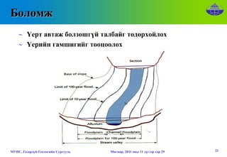 Боломж
    ∼ Үерт автаж болзошгүй талбайг тодорхойлох
    ∼ Үерийн гамшигийг тооцоолох




МУИС, Газарзүй-Геологийн Сургууль   Мягмар, 2011 оны 11 дүгээр сар 29   21
 