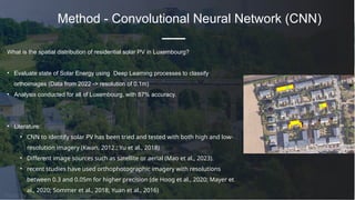 Photo by Yuri Shirota on Unsplash
What is the spatial distribution of residential solar PV in Luxembourg?
• Evaluate state of Solar Energy using Deep Learning processes to classify
orthoimages (Data from 2022 -> resolution of 0.1m)
• Analysis conducted for all of Luxembourg, with 87% accuracy.
• Literature:
• CNN to identify solar PV has been tried and tested with both high and low-
resolution imagery (Kwan, 2012.; Yu et al., 2018)
• Different image sources such as satellite or aerial (Mao et al., 2023).
• recent studies have used orthophotographic imagery with resolutions
between 0.3 and 0.05m for higher precision (de Hoog et al., 2020; Mayer et
al., 2020; Sommer et al., 2018; Yuan et al., 2016)
Method - Convolutional Neural Network (CNN)
 