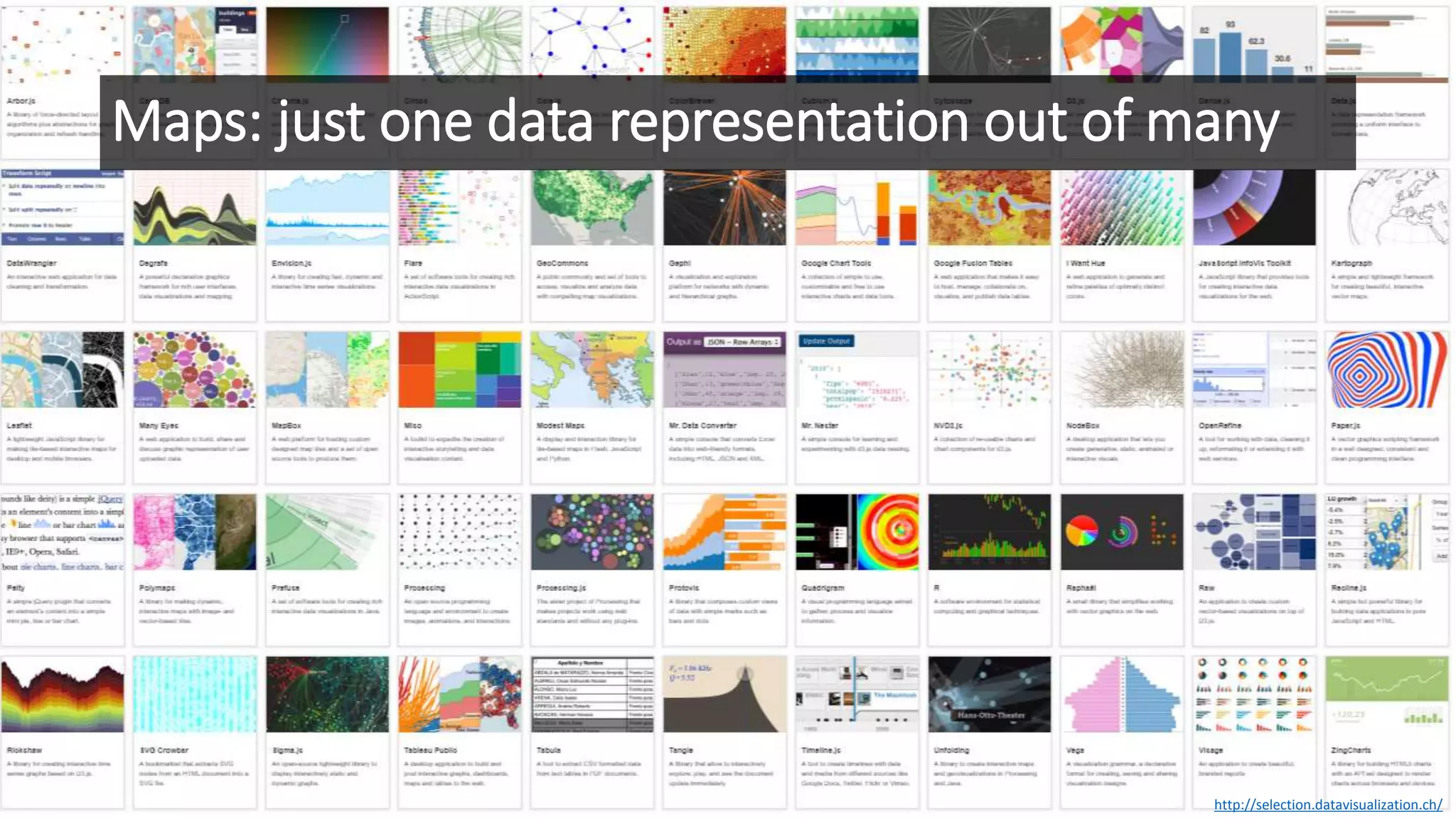 Maps: just one data representation out of many
http://selection.datavisualization.ch/
 