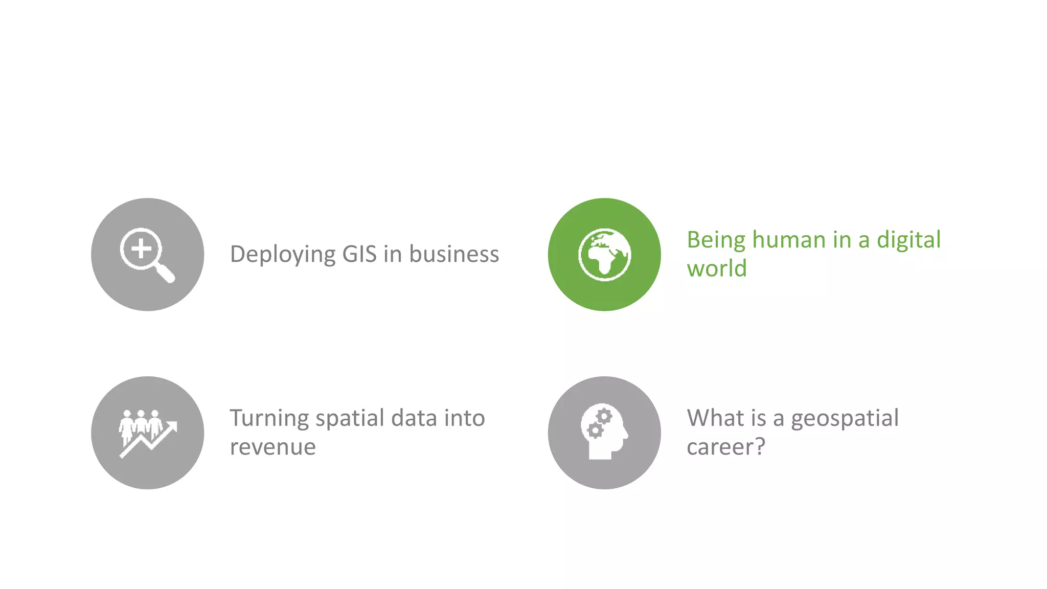 Deploying GIS in business
Being human in a digital
world
Turning spatial data into
revenue
What is a geospatial
career?
 