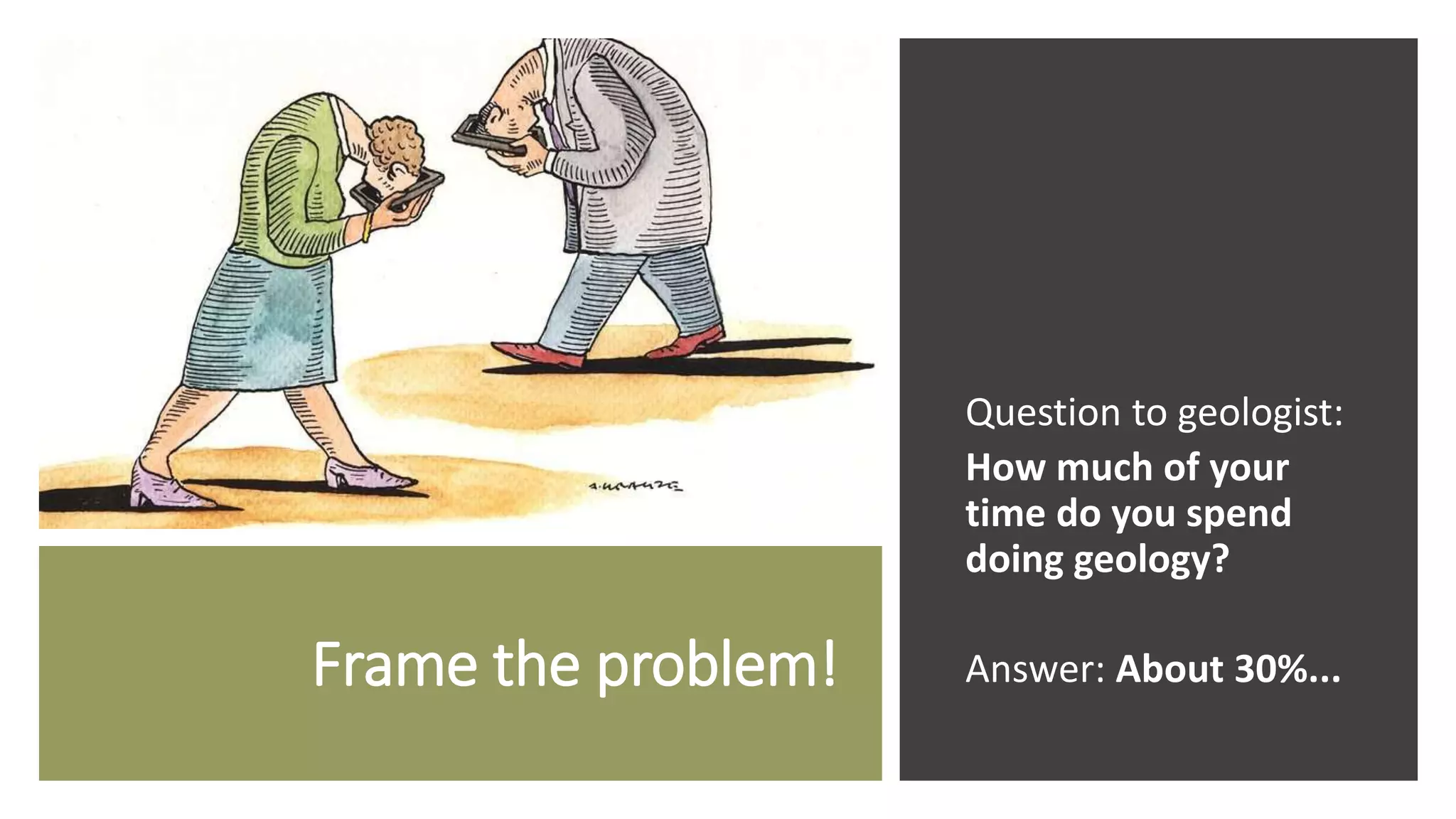 Frame the problem!
Question to geologist:
How much of your
time do you spend
doing geology?
Answer: About 30%...
 