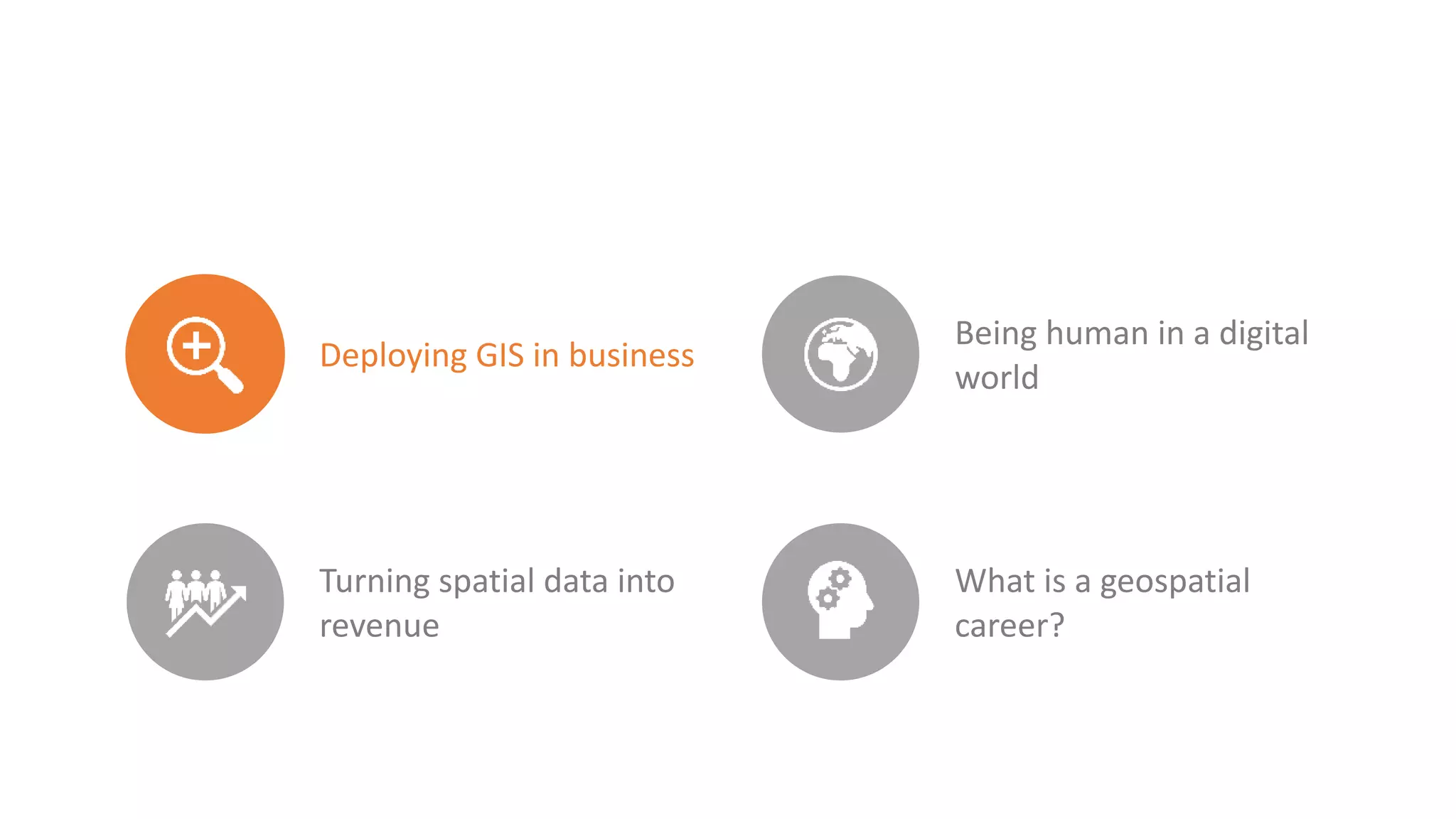 Deploying GIS in business
Being human in a digital
world
Turning spatial data into
revenue
What is a geospatial
career?
 