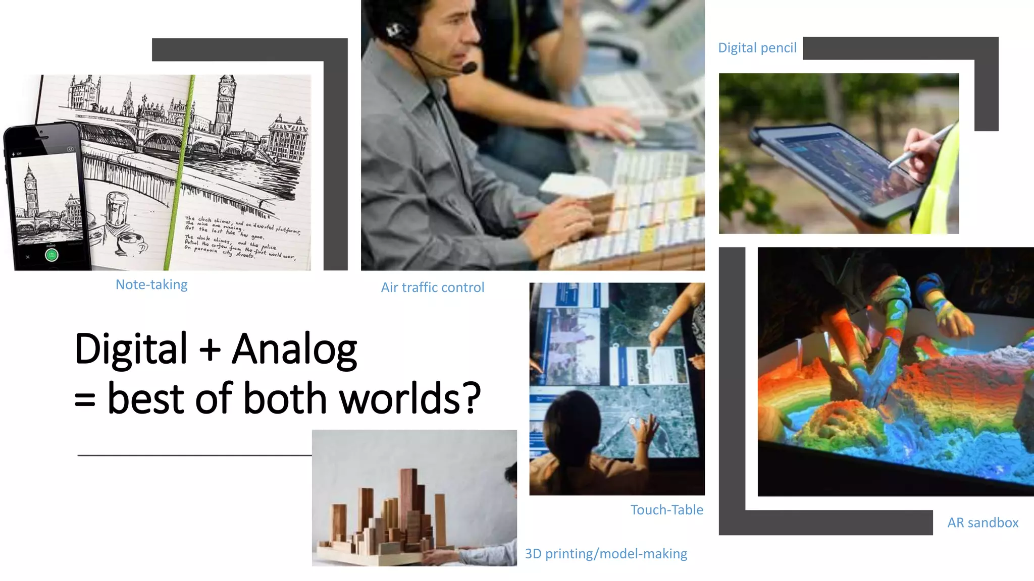 Digital + Analog
= best of both worlds?
Note-taking Air traffic control
Touch-Table
AR sandbox
Digital pencil
3D printing/model-making
 