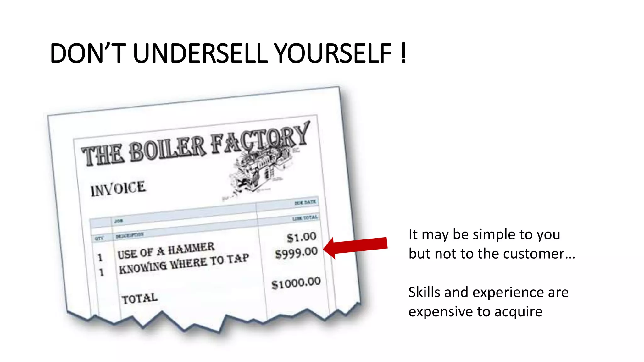 DON’T UNDERSELL YOURSELF !
It may be simple to you
but not to the customer…
Skills and experience are
expensive to acquire
 
