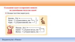 Видавництво «Ранок»
Складання задач за коротким записом
як допоміжною моделлю задачі
 