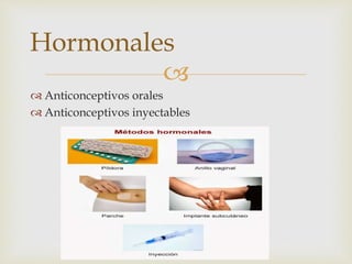 
Anticonceptivos orales
Anticonceptivos inyectables
Hormonales