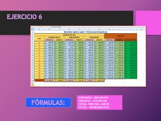 CONTADO: =B5+D5+F5
TARJETA: =C5+E5+G5
TOTAL POR DIA: =H5+I5
TOTAL: =SUMA(B5:B19)
 