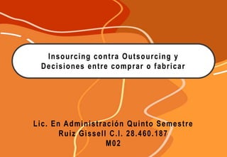Insourcing contra Outsourcing y
Decisiones entre comprar o fabricar
Lic. En Administración Quinto Semestre
Ruiz Gissell C.I. 28.460.187
M02
 