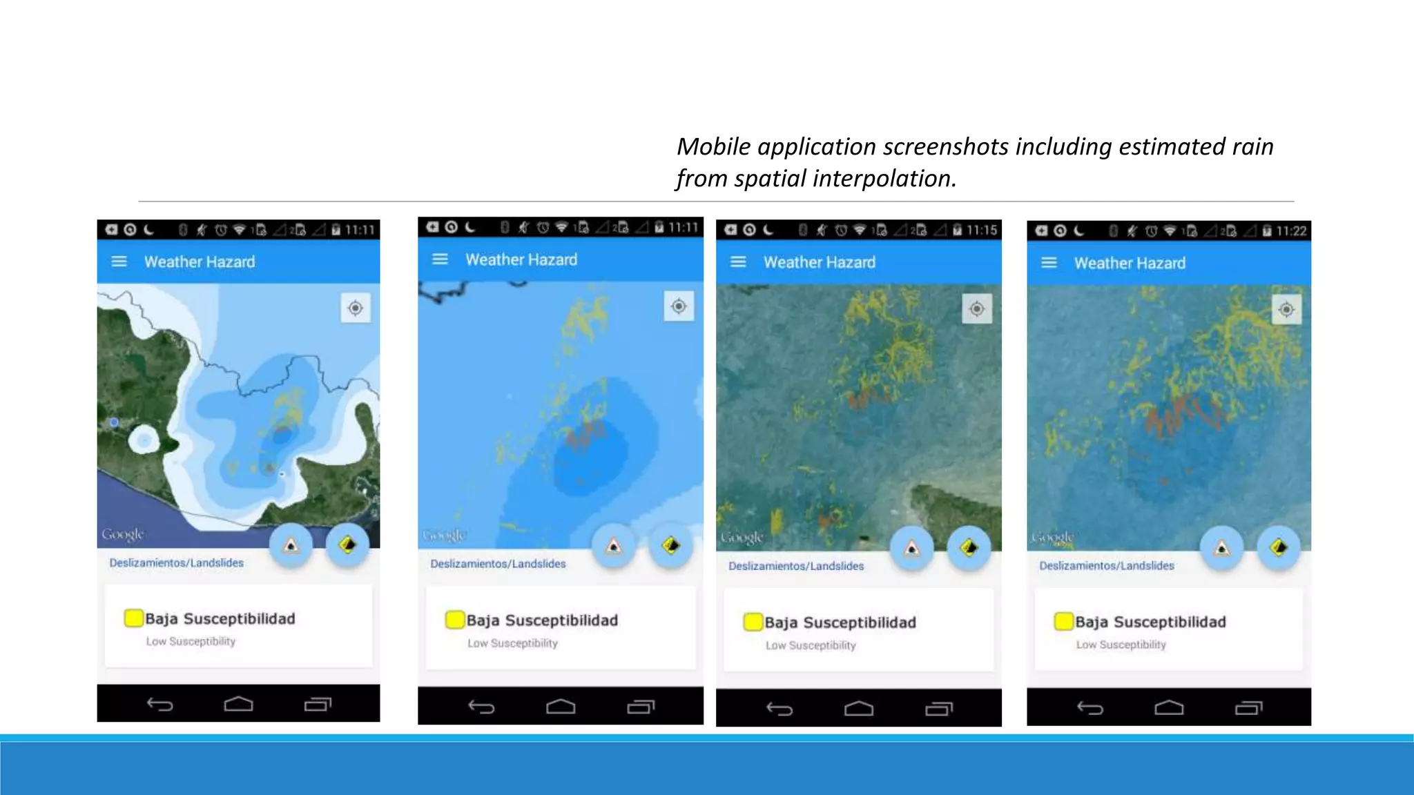 Mobile application screenshots including estimated rain
from spatial interpolation.
 