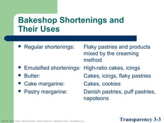 Bakeshop Shortenings and
Their Uses







Regular shortenings:

Flaky pastries and products
mixed by the creaming
method
Emulsified shortenings: High-ratio cakes, icings
Butter:
Cakes, icings, flaky pastries
Cake margarine:
Cakes, cookies
Pastry margarine:
Danish pastries, puff pastries,
napoleons

©2005 National Restaurant Association Educational Foundation.

Transparency 3-3

 