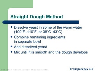 Straight Dough Method
 Dissolve

yeast in some of the warm water
(100˚F–110˚F, or 38˚C–43˚C)
 Combine remaining ingredients
in separate bowl
 Add dissolved yeast
 Mix until it is smooth and the dough develops

©2005 National Restaurant Association Educational Foundation.

Transparency 4-2

 