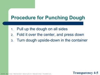 Procedure for Punching Dough
1.
2.
3.

Pull up the dough on all sides
Fold it over the center, and press down
Turn dough upside-down in the container

©2005 National Restaurant Association Educational Foundation.

Transparency 4-5

 
