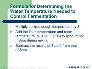 Formula for Determining the
Water Temperature Needed to
Control Fermentation
1.
2.

3.

Multiply desired dough temperature by 3
Add the flour temperature and room
temperature, plus 20˚F (7˚C) to account for
friction during mixing
Subtract the results of Step 2 from that
of Step 1

©2005 National Restaurant Association Educational Foundation.

Transparency 4-6

 