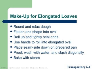 Make-Up for Elongated Loaves
 Round

and relax dough
 Flatten and shape into oval
 Roll up and tightly seal ends
 Use hands to roll into elongated oval
 Place seam-side down on prepared pan
 Proof, wash with water, and slash diagonally
 Bake with steam
©2005 National Restaurant Association Educational Foundation.

Transparency 6-4

 