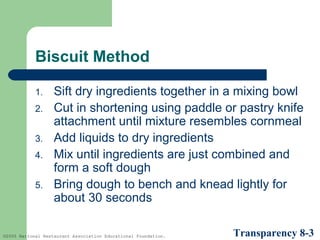 Biscuit Method
1.
2.
3.
4.
5.

Sift dry ingredients together in a mixing bowl
Cut in shortening using paddle or pastry knife
attachment until mixture resembles cornmeal
Add liquids to dry ingredients
Mix until ingredients are just combined and
form a soft dough
Bring dough to bench and knead lightly for
about 30 seconds

©2005 National Restaurant Association Educational Foundation.

Transparency 8-3

 