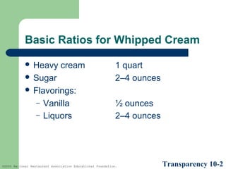 Basic Ratios for Whipped Cream
 Heavy

cream

 Sugar

1 quart
2–4 ounces

 Flavorings:
–
–

Vanilla
Liquors

½ ounces
2–4 ounces

©2005 National Restaurant Association Educational Foundation.

Transparency 10-2

 