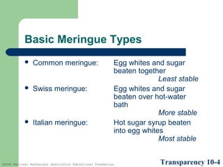 Basic Meringue Types


Common meringue:



Swiss meringue:



Italian meringue:

Egg whites and sugar
beaten together
Least stable
Egg whites and sugar
beaten over hot-water
bath
More stable
Hot sugar syrup beaten
into egg whites
Most stable

©2005 National Restaurant Association Educational Foundation.

Transparency 10-4

 