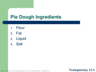 Pie Dough Ingredients
1.
2.
3.
4.

Flour
Fat
Liquid
Salt

©2005 National Restaurant Association Educational Foundation.

Transparency 11-1

 