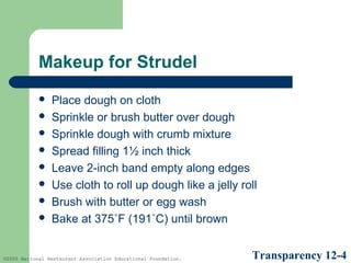 Makeup for Strudel









Place dough on cloth
Sprinkle or brush butter over dough
Sprinkle dough with crumb mixture
Spread filling 1½ inch thick
Leave 2-inch band empty along edges
Use cloth to roll up dough like a jelly roll
Brush with butter or egg wash
Bake at 375˚F (191˚C) until brown

©2005 National Restaurant Association Educational Foundation.

Transparency 12-4

 