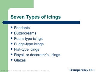 Seven Types of Icings
 Fondants
 Buttercreams
 Foam-type

icings
 Fudge-type icings
 Flat-type icings
 Royal, or decorator’s, icings
 Glazes
©2005 National Restaurant Association Educational Foundation.

Transparency 15-1

 