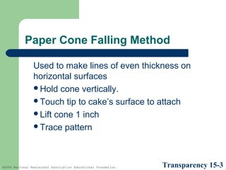 Paper Cone Falling Method
Used to make lines of even thickness on
horizontal surfaces
Hold cone vertically.
Touch tip to cake’s surface to attach
Lift cone 1 inch
Trace pattern

©2005 National Restaurant Association Educational Foundation.

Transparency 15-3

 