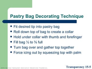 Pastry Bag Decorating Technique
 Fit

desired tip into pastry bag
 Roll down top of bag to create a collar
 Hold under collar with thumb and forefinger
 Fill bag ½ to ¾ full
 Turn bag over and gather top together
 Force icing out by squeezing top with palm

©2005 National Restaurant Association Educational Foundation.

Transparency 15-5

 