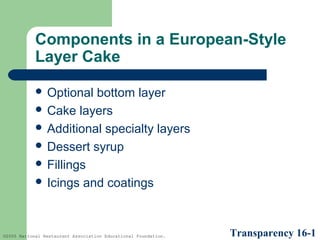 Components in a European-Style
Layer Cake
 Optional

bottom layer
 Cake layers
 Additional specialty layers
 Dessert syrup
 Fillings
 Icings and coatings

©2005 National Restaurant Association Educational Foundation.

Transparency 16-1

 