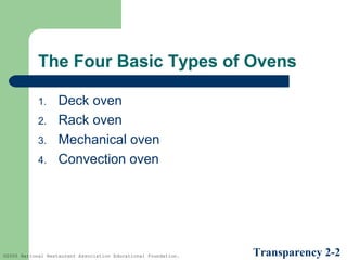 The Four Basic Types of Ovens
1.
2.
3.
4.

Deck oven
Rack oven
Mechanical oven
Convection oven

©2005 National Restaurant Association Educational Foundation.

Transparency 2-2

 