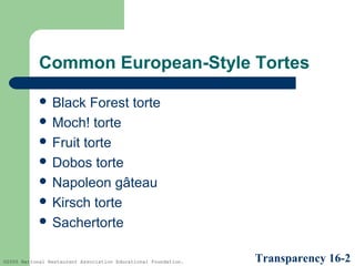 Common European-Style Tortes
 Black

Forest torte
 Moch! torte
 Fruit torte
 Dobos torte
 Napoleon gâteau
 Kirsch torte
 Sachertorte
©2005 National Restaurant Association Educational Foundation.

Transparency 16-2

 