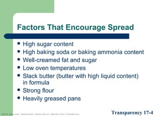 Factors That Encourage Spread
 High

sugar content
 High baking soda or baking ammonia content
 Well-creamed fat and sugar
 Low oven temperatures
 Slack butter (butter with high liquid content)
in formula
 Strong flour
 Heavily greased pans
©2005 National Restaurant Association Educational Foundation.

Transparency 17-4

 