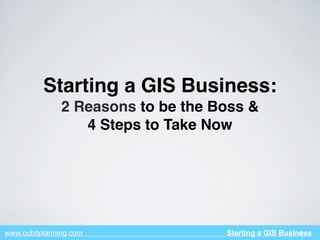 Starting a GIS Business:
               2 Reasons to be the Boss &
                  4 Steps to Take Now




www.cubitplanning.com               Starting a GIS Business
 