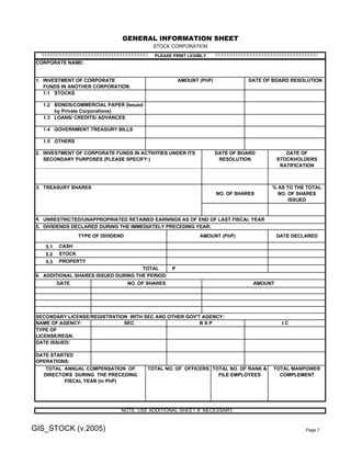 1.
1.1
1.2
1.3
1.4
1.5
2.
3.
4.
5. DIVIDENDS DECLARED DURING THE IMMEDIATELY PRECEDING YEAR:
5.1 CASH
5.2 STOCK
5.3 PROPERTY
6.
AMOUNT (PhP) DATE OF BOARD RESOLUTION
TOTAL NO. OF RANK &
FILE EMPLOYEES
DATE ISSUED:
SECONDARY LICENSE/REGISTRATION WITH SEC AND OTHER GOV'T AGENCY:
NAME OF AGENCY: I CSEC B S P
TYPE OF
LICENSE/REGN.
P
AMOUNT (PhP) DATE DECLARED
TOTAL
TREASURY SHARES
TYPE OF DIVIDEND
NO. OF SHARES
% AS TO THE TOTAL
NO. OF SHARES
ISSUED
UNRESTRICTED/UNAPPROPRIATED RETAINED EARNINGS AS OF END OF LAST FISCAL YEAR
OTHERS
STOCKS
BONDS/COMMERCIAL PAPER (Issued
by Private Corporations)
LOANS/ CREDITS/ ADVANCES
GOVERNMENT TREASURY BILLS
INVESTMENT OF CORPORATE FUNDS IN ACTIVITIES UNDER ITS
SECONDARY PURPOSES (PLEASE SPECIFY:)
DATE NO. OF SHARES AMOUNT
DATE OF BOARD
RESOLUTION
DATE OF
STOCKHOLDERS
RATIFICATION
DATE STARTED
OPERATIONS:
TOTAL ANNUAL COMPENSATION OF
DIRECTORS DURING THE PRECEDING
FISCAL YEAR (in PhP)
TOTAL MANPOWER
COMPLEMENT
TOTAL NO. OF OFFICERS
GENERAL INFORMATION SHEET
STOCK CORPORATION
PLEASE PRINT LEGIBLY
CORPORATE NAME:
INVESTMENT OF CORPORATE
FUNDS IN ANOTHER CORPORATION
NOTE: USE ADDITIONAL SHEET IF NECESSARY
ADDITIONAL SHARES ISSUED DURING THE PERIOD:
GIS_STOCK (v.2005) Page 7
 