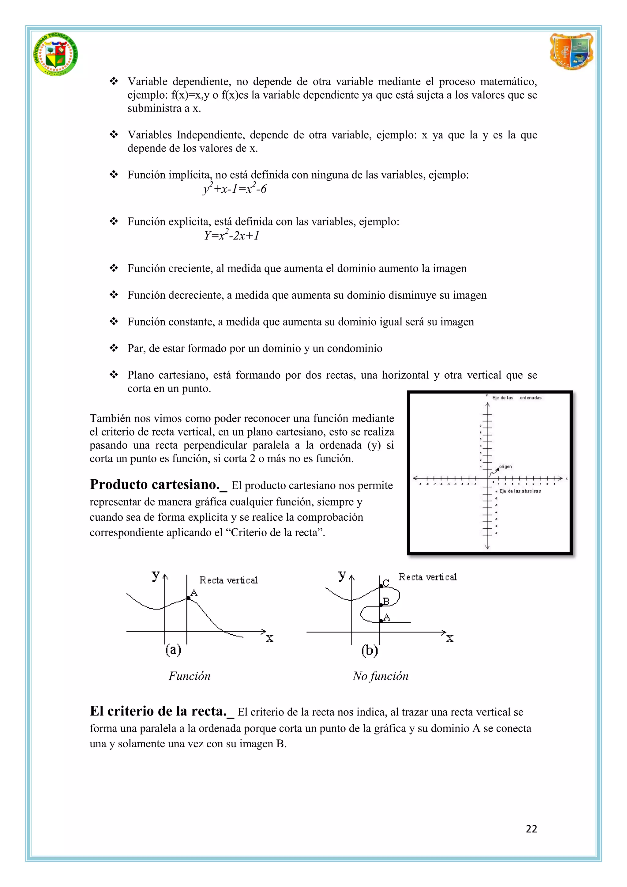  Variable dependiente, no depende de otra variable mediante el proceso matemático,
      ejemplo: f(x)=x,y o f(x)es la variable dependiente ya que está sujeta a los valores que se
      subministra a x.

     Variables Independiente, depende de otra variable, ejemplo: x ya que la y es la que
      depende de los valores de x.

     Función implícita, no está definida con ninguna de las variables, ejemplo:
                          y2+x-1=x2-6

     Función explicita, está definida con las variables, ejemplo:
                          Y=x2-2x+1

     Función creciente, al medida que aumenta el dominio aumento la imagen

     Función decreciente, a medida que aumenta su dominio disminuye su imagen

     Función constante, a medida que aumenta su dominio igual será su imagen

     Par, de estar formado por un dominio y un condominio

     Plano cartesiano, está formando por dos rectas, una horizontal y otra vertical que se
      corta en un punto.

También nos vimos como poder reconocer una función mediante
el criterio de recta vertical, en un plano cartesiano, esto se realiza
pasando una recta perpendicular paralela a la ordenada (y) si
corta un punto es función, si corta 2 o más no es función.

Producto cartesiano._ El producto cartesiano nos permite
representar de manera gráfica cualquier función, siempre y
cuando sea de forma explícita y se realice la comprobación
correspondiente aplicando el “Criterio de la recta”.




                  Función                                   No función

El criterio de la recta._ El criterio de la recta nos indica, al trazar una recta vertical se
forma una paralela a la ordenada porque corta un punto de la gráfica y su dominio A se conecta
una y solamente una vez con su imagen B.




                                                                                                22
 