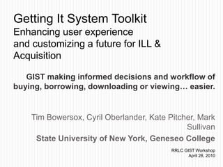 Getting It System ToolkitEnhancing user experienceand customizing a future for ILL & Acquisition GIST making informed decisions and workflow of buying, borrowing, downloading or viewing… easier. Tim Bowersox, Cyril Oberlander, Kate Pitcher, Mark Sullivan State University of New York, Geneseo College RRLC GIST Workshop April 28, 2010 