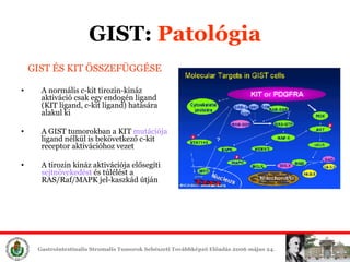 GIST:  ʲٴǱó GIST ÉS KIT ÖSSZEFÜGGÉSE A n orm á l is  c-kit t irozin-kináz   aktiváció csak egy  endog én  ligand (KIT ligand, c-kit ligand)  hatására alakul ki A  GIST  tumorokban a  KIT  mutációja  ligand nélkül is bekövetkező  c-kit receptor  aktivációhoz vezet  A tirozin kináz aktivációja elősegíti  sejtnövekedést   és túlélést a RAS/Raf/MAPK jel-kaszkád útján 